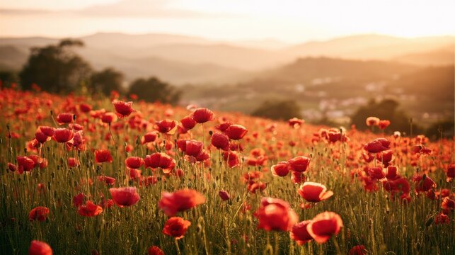 Vibrant red poppies clustered in a sunlit field on a rolling hillside