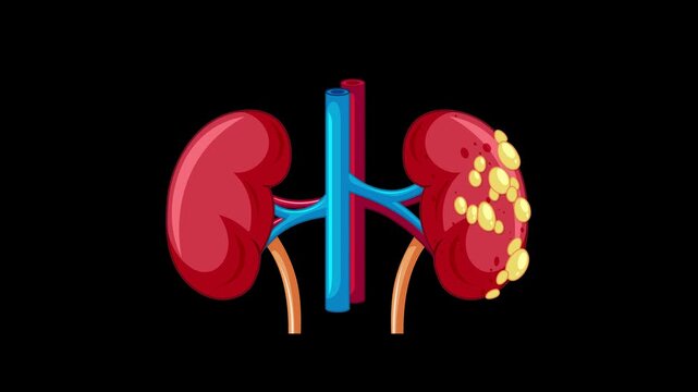 Animation shows progression from normal kidney cell to malignant cancer cells with magnifying glass zoom.