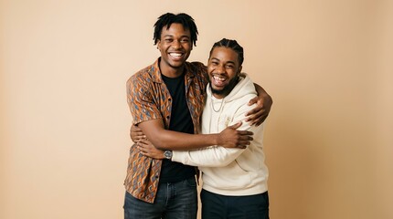 Obraz premium Two Smiling Black Men Embracing in a Studio Setting.