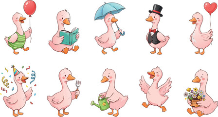 Adorable Collection of Cute Pink Cartoon Geese and Ducklings in Various Fun Activities for Kids Character Graphic Designs © Sufea