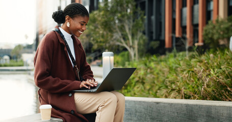 Plakat Businesswoman, smile and remote work in city with laptop, typing and copywriting for email marketing. Happy, black person or freelancer in urban town with computer, draft newsletter and SEO campaign.