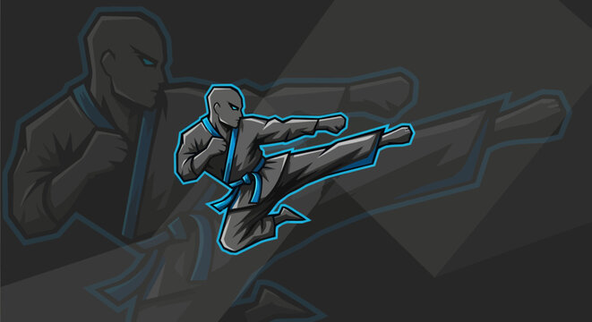 Dynamic Martial Arts Fighter in Mid-Air Kick Illustration.