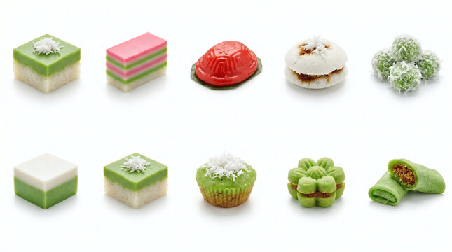 Assorted colorful kuih traditional desserts isolated on white background