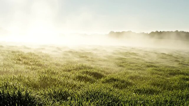 A vibrant green field covered in thick morning mist at sunrise with bright sunlight glowing through the fog. Rural landscape featuring lush grass and distant trees under a hazy sky.
