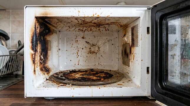 Dirty microwave oven interior with burnt food stains and grease splatters. Essential kitchen cleaning concept for appliance maintenance showing heavy grime and carbonized residue on the