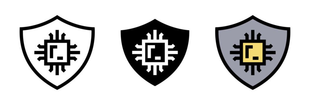 Conjunto de iconos de seguridad tecnol&oacute;gica. Protecci&oacute;n de hardware, defensa de dispositivos, control de sistema, escudo digital, seguridad inform&aacute;tica. Ilustraci&oacute;n vectorial