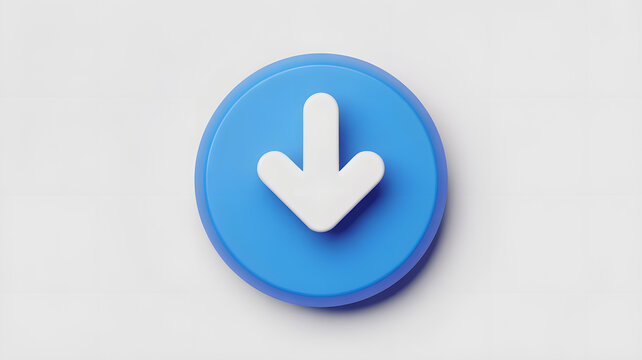 Simple blue circular button with a white downward pointing arrow icon representing download save or decrease isolated on a clean