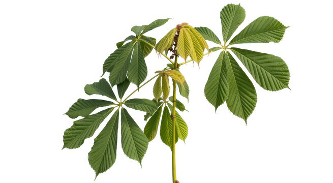 Young horse chestnut tree branch with green leaves isolated on a plain white background