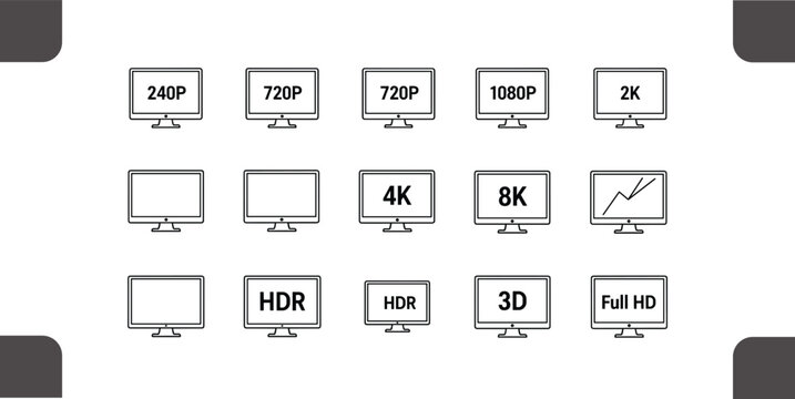 Minimalist line art set of display resolution and screen technology icons including monitors, 240P, 720P, 1080P, 2K, 4K, 8K, HDR, 3D, Full HD.