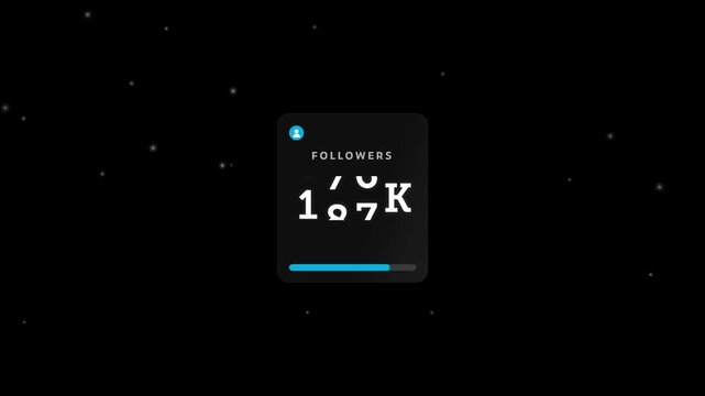 Glassmorphism Milestone Counter 100K Followers Card Cyan Achievement Burst Loop on Black Background 4K