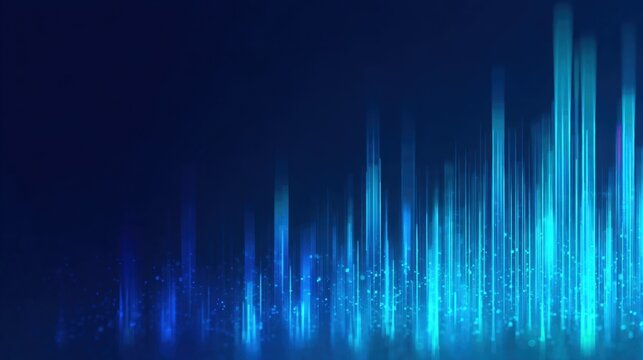 Digital Symphony of Lines and Lights: An abstract artwork features an array of dynamic lines and luminescent beams in varying shades of blue, illustrating a technological concept. 