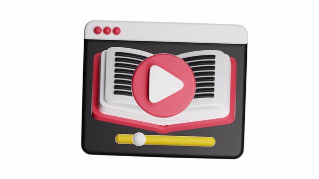 Digital educational media player icon with open book symbol and pink play button. Suitable for elearning platforms, online courses, educational websites.