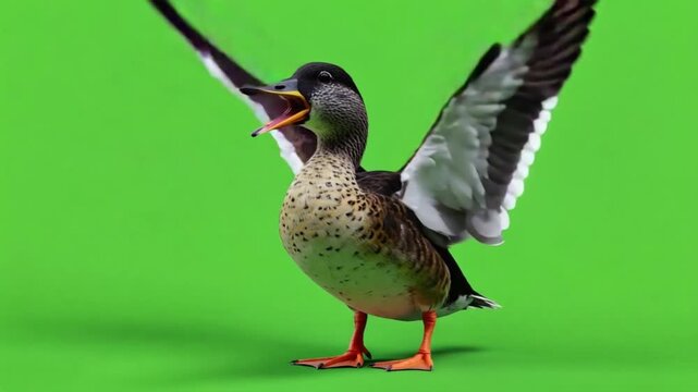 angry mallard duck with wings spread on green background