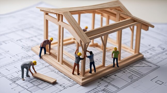 Miniature wooden house construction project on architectural blueprints with tiny builders