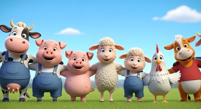 Adorable Animated Farm Animals Standing Together Under a Clear Blue Sky.
