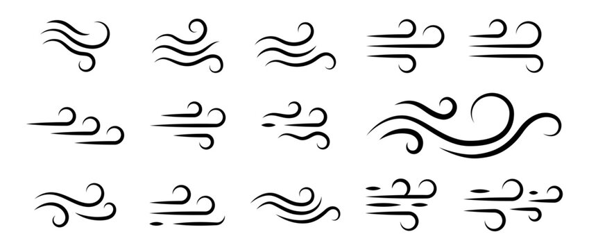 Conjunto de iconos de viento. Corrientes de aire, flujo din&aacute;mico, velocidad natural, movimiento atmosf&eacute;rico, energ&iacute;a del aire. Ilustraci&oacute;n vectorial