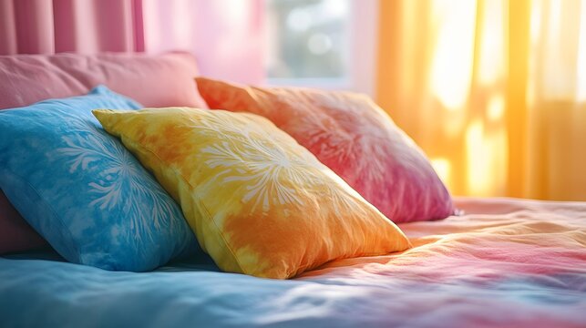 A vibrant tie dye pillowcase with intricate swirling patterns rests on a colorful bedspread under soft natural light from a window, creating a cozy and artistic bedroom setting - bedding.