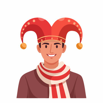 Man Wearing a Jester Hat and Scarf
