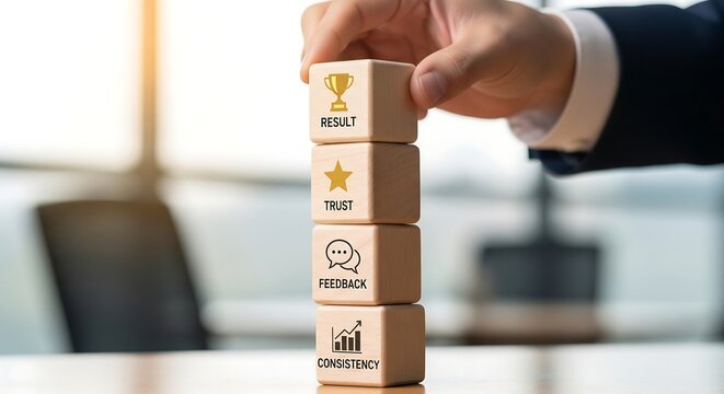 A businessman stacks wooden blocks representing success, trust, feedback, and consistency, symbolizing business growth and achievement.
