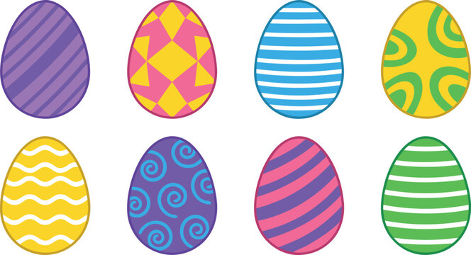 Colorful Collection of Decorated Easter Eggs with Various Geometric Patterns and Vibrant Spring Holiday Designs