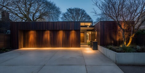 Fototapeta premium Modern home exterior with dark timber cladding and white pain