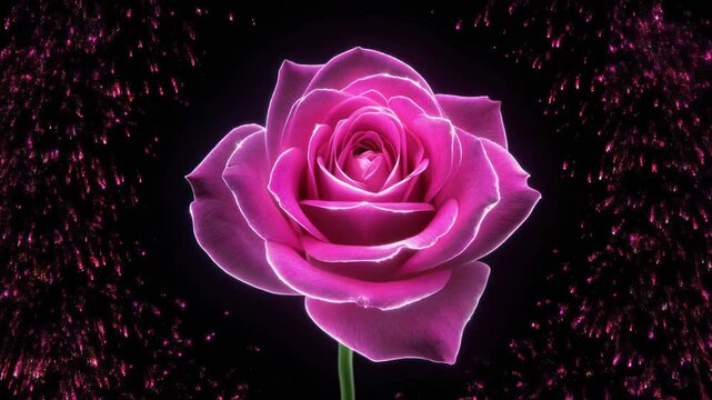 Luminous pink rose framed by glowing pink fireworks on black