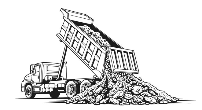 Industrial dump truck unloading a pile of rocks