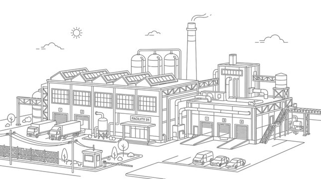Industrial factory facility with loading docks line art illustration