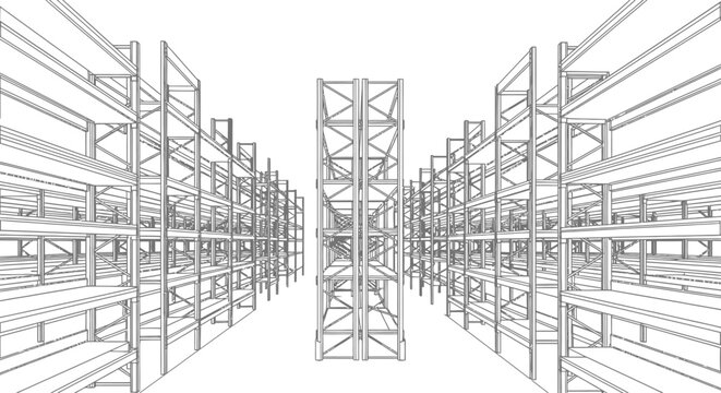Industrial warehouse shelving wireframe perspective in line art style