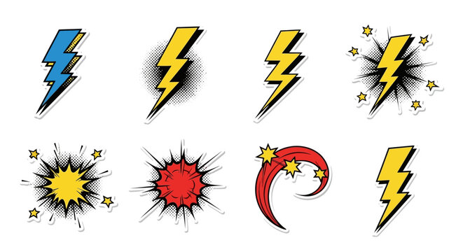Comic Book Style Lightning Bolt and Explosion Sticker Set