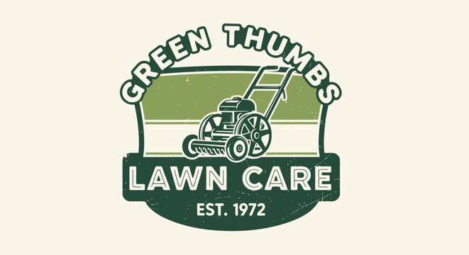Green Thumbs Lawn Care Logo with Mower Est 1972.