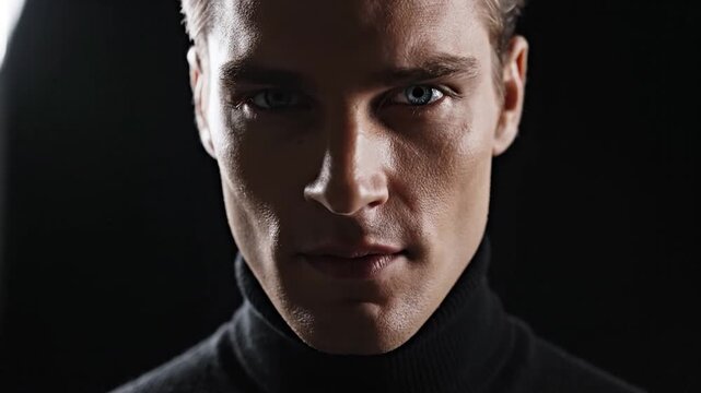 Intense Male Portrait with Dramatic Lighting and Dark Background.