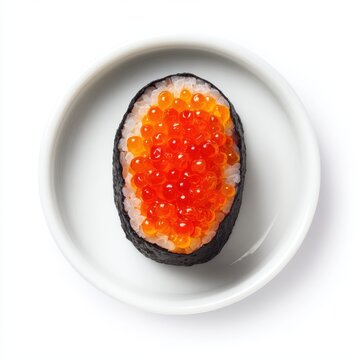 Gunkan maki - Japan oval-shaped sushi with salmon roe filling isolated on a white background