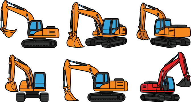 Vector Illustration of Excavator Machines in Different Angles for Construction, Machinery, and Heavy Equipment Designs