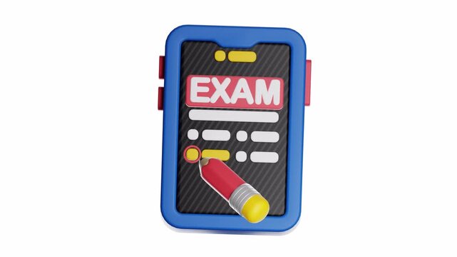 Blue tablet screen with exam word and yellow pencil icon, suitable for digital tests school symbols and education concepts.