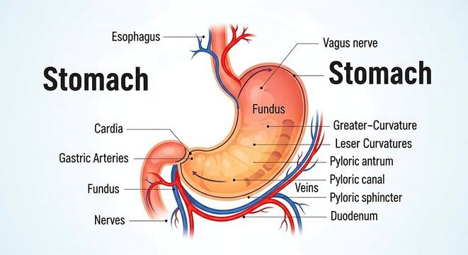 Human stomach anatomy with labeled parts.