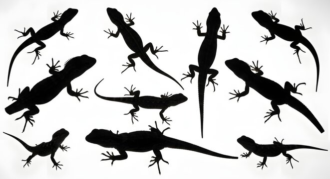 Collection of Silhouetted Lizards in Various Poses and Sizes.