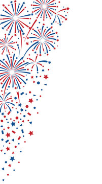 Red and blue fireworks exploding with confetti