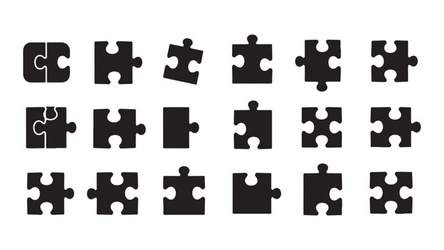 Black puzzle pieces, jigsaw puzzle icons, puzzle set, vector graphics