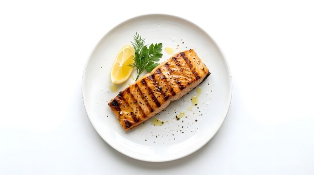 Grilled Salmon Steak with Lemon and Herbs on White Plate.