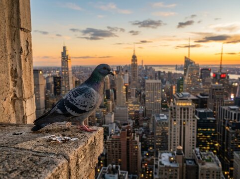 Pigeon on building ledge overlooking NYC skyline at sunset