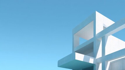 Fototapeta premium Architectural Abstract: A modern architectural structure of clean lines and geometric shapes contrasts with a clear, boundless sky, exuding a sense of peace and tranquility.