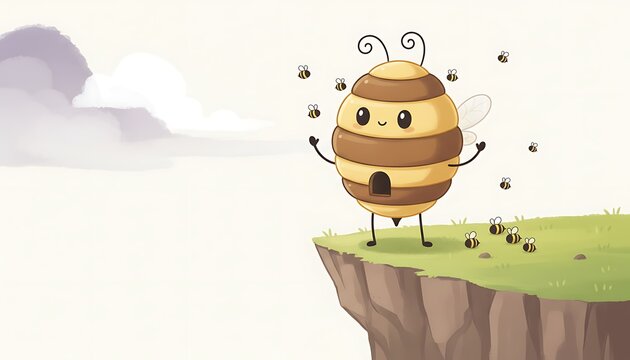 Adorable cartoon bee character standing on a grassy cliff edge with tiny bees buzzing around