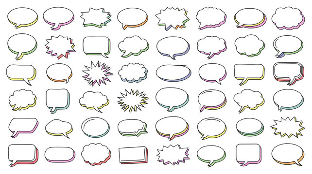 Colorful comic speech bubbles and text frames on white background for dialogue and quotes