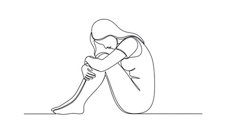 Fototapeta premium Woman curled up, loneliness, depression, anxiety, single line art, minimalist style