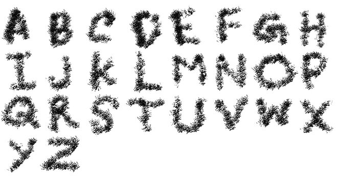 Black fuzzy alphabet png typography set. Uppercase letters A to Z, hairy chalk text, distressed charcoal font. Grunge scribbled style. Isolated transparent cutout background.