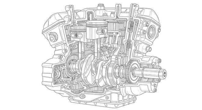Internal combustion engine cutaway technical diagram illustration design