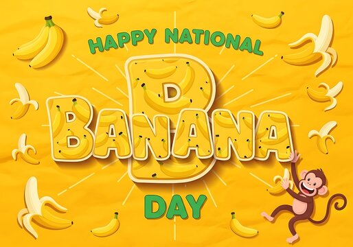 Happy National Banana Day celebration with monkey and bananas  yellow background