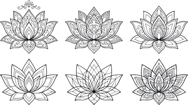 Detailed Black and White Lotus Flower Collection with Ornamental Mandala Patterns and Intricate Geometric Line Art for Tattoo Designs