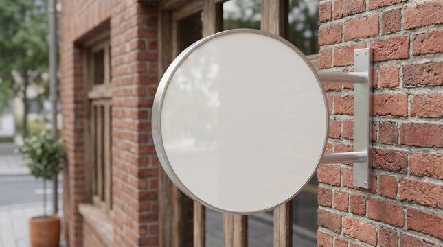 A round blank sign hangs on a metal bracket outside a brick building with windows.
